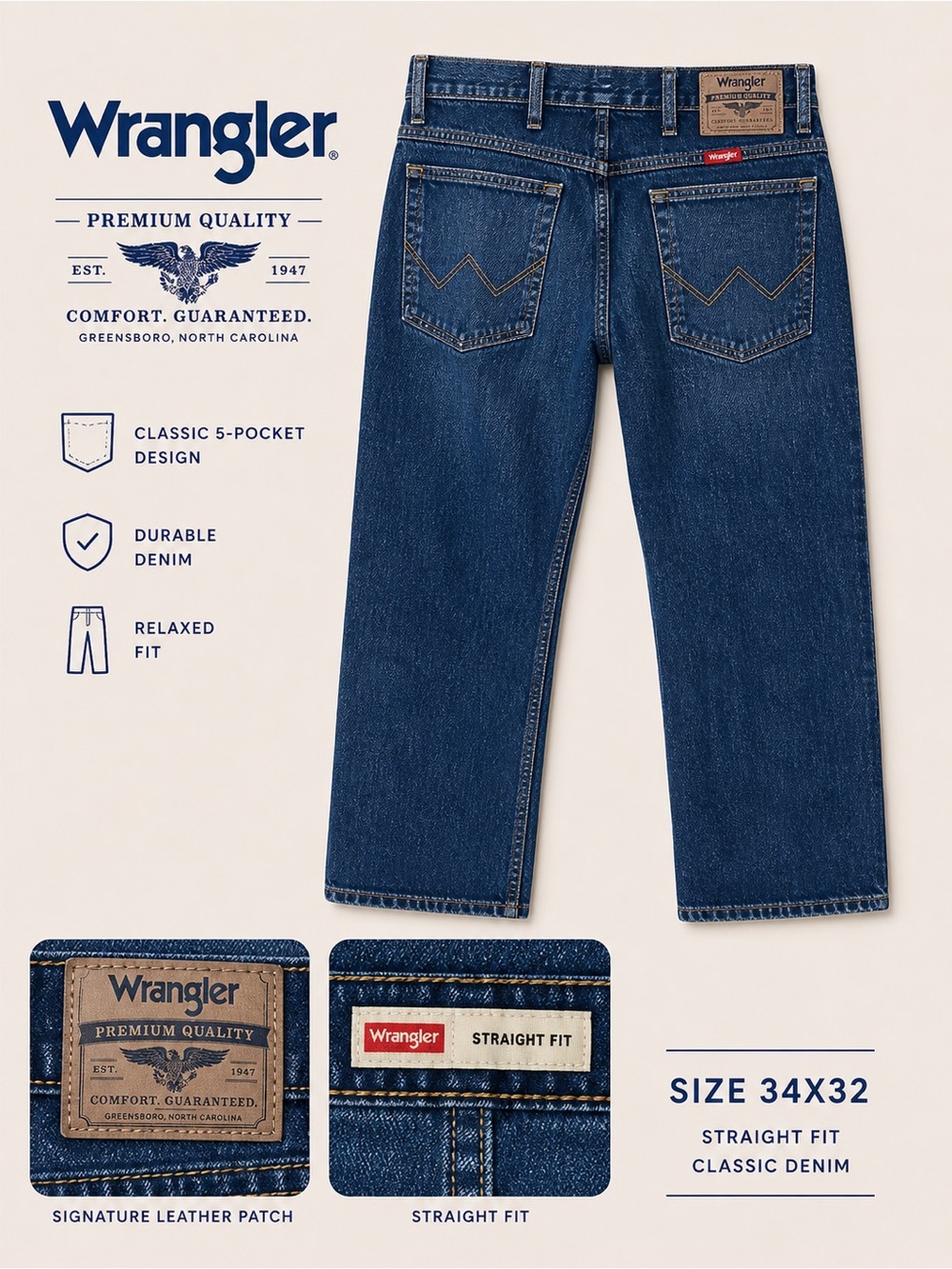 Wrangler Straight Fit Jeans 34x32 Dark Wash Classic Denim Men’s